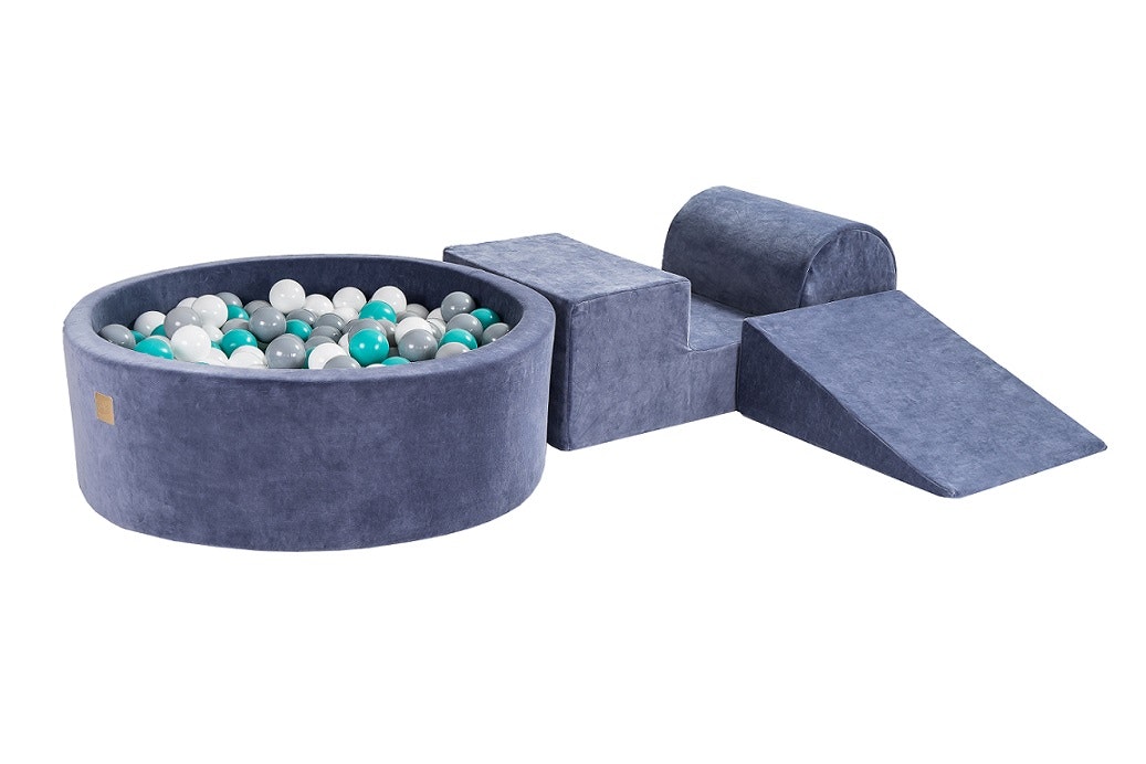 Meow, Blue-grey buildable velvet playground with ball pit, 200 balls 