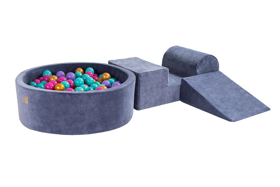 Meow, Blue-grey buildable velvet playground with ball pit, 200 balls 