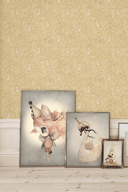 Mrs Mighetto, wallpaper Misty Leaf Fauna, Mustard 