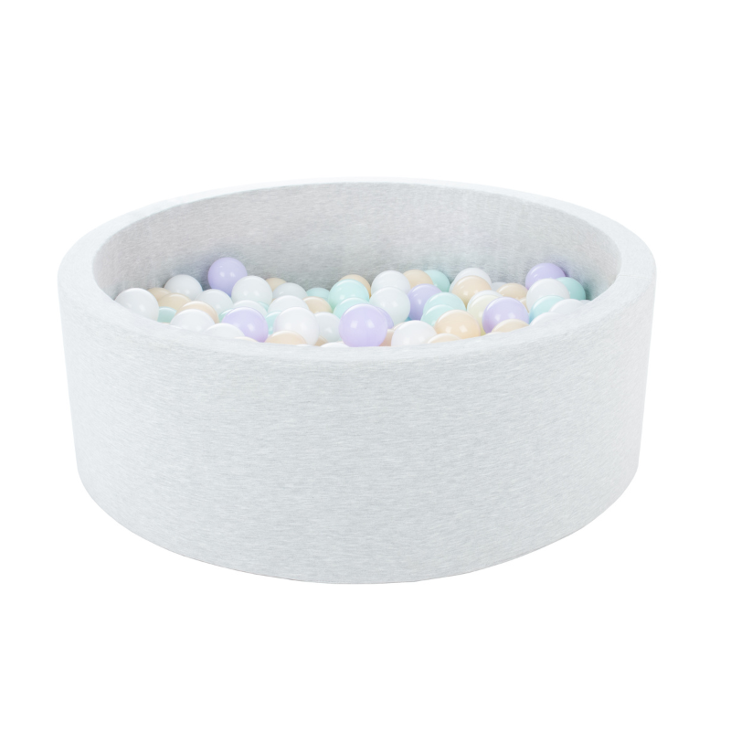 Light grey ball pit BASIC, 90x30 with balls (white, lilac, beige, mint) 