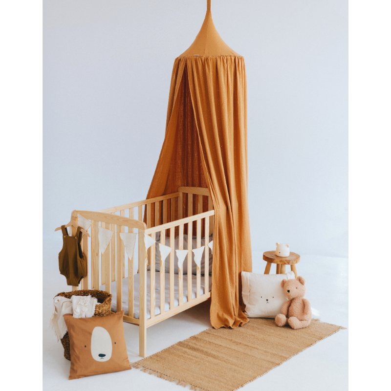 Babylove, Mustard bed canopy in cotton muslin with LED lights 