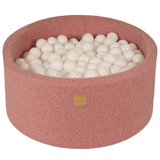 Meow, pink boucle ball pit with 200 white balls 