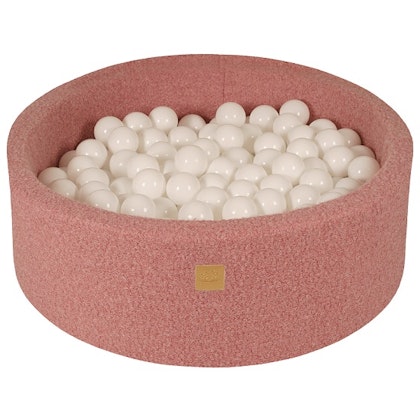 Meow, pink boucle ball pit with 200 white balls