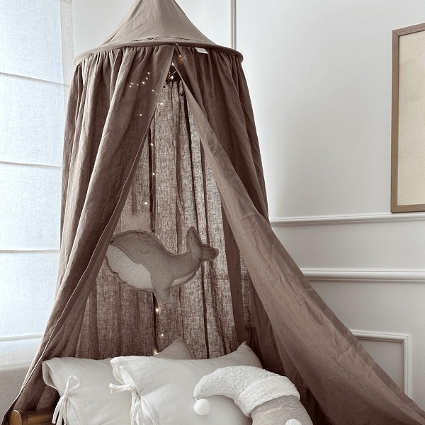 Large maxi coconut brown linen bed canopy, Cotton & Sweets 