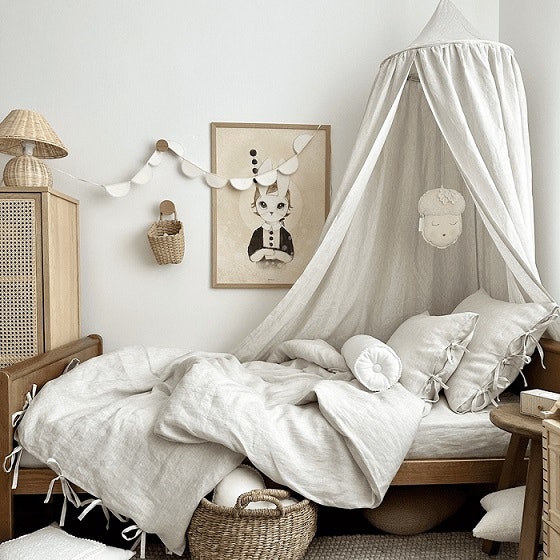 Beige stripes premium linen bed canopy, Cotton&Sweets 