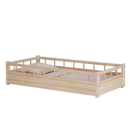 Low natural children's bed with barrier