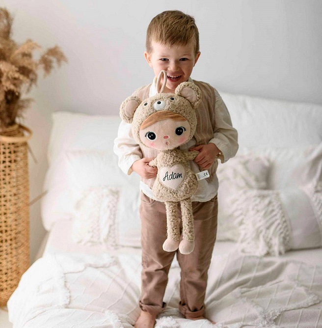Beige teddy bear, large doll with name 