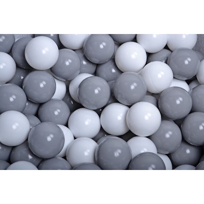 Meow, grey boucle ball pit with 200 grey and white balls