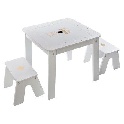 Furniture set table with two stools, white/gold