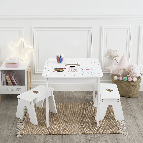 Möbelset bord med två pallar, vit/guld 