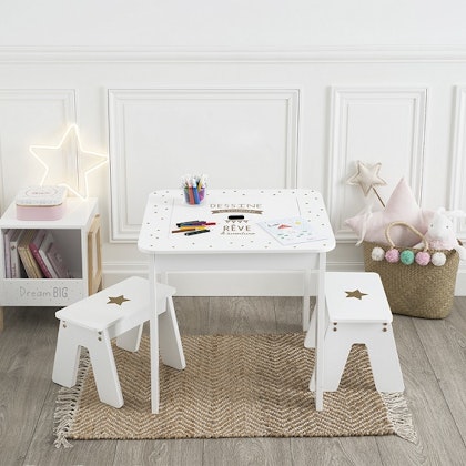 Furniture set table with two stools, white/gold