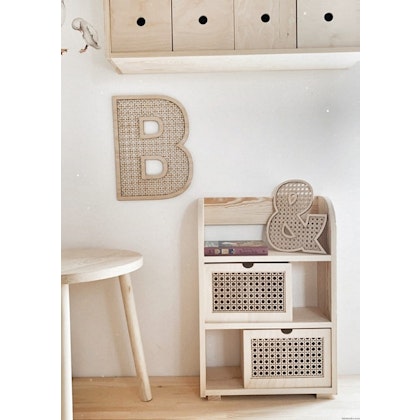 Standing boho bookcase with two drawers in rattan