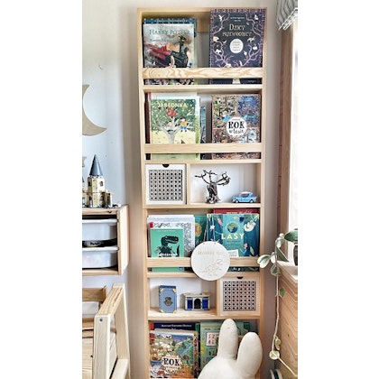 High boho bookshelf with two drawers in rattan