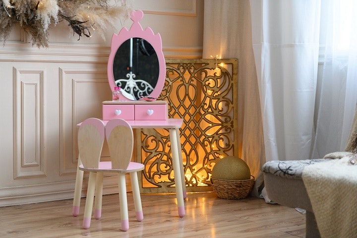 Beauty table crown with rabbit chair, pink/natural 