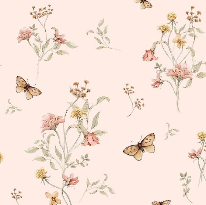 Dekorillo, tapet Flowers and butterflies pink 