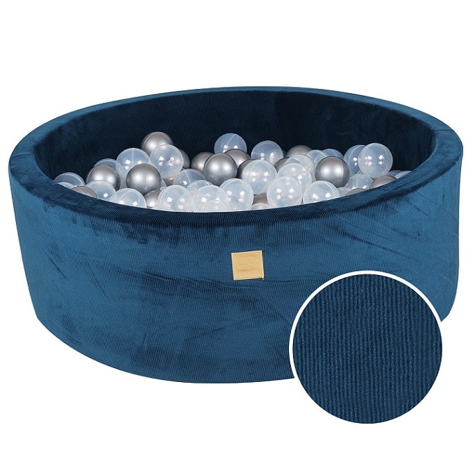 Meow, blue corduroy ball pit with 200 balls, Silver mix 