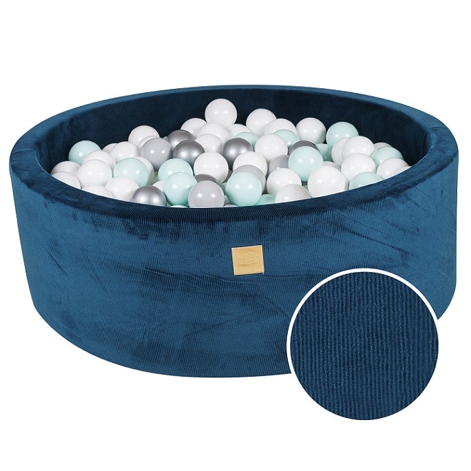 Meow, blue corduroy ball pit with 200 balls, Grey mix 