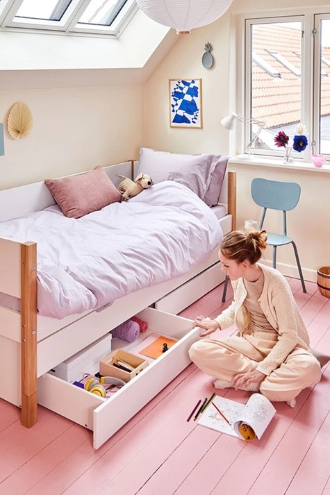 Flexa, barnsäng med förvaring och extra säng 90x200 cm Nor, vit/ek 