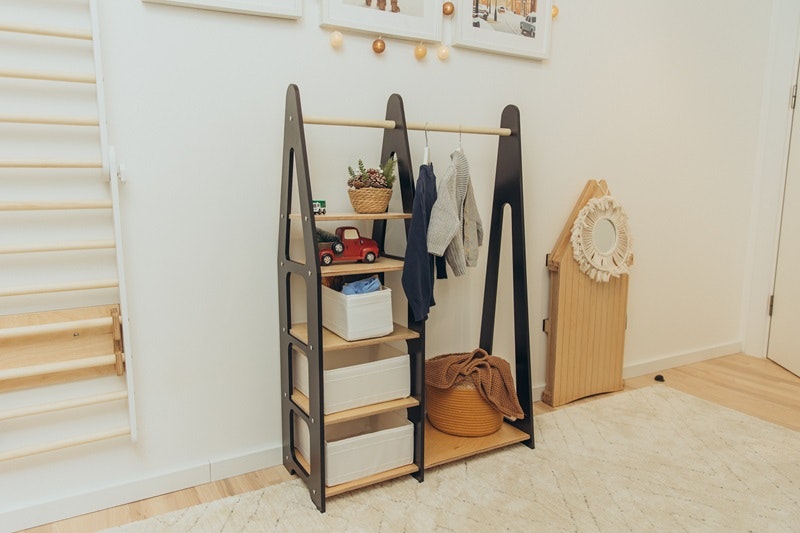 Duck Woodworks, wardrobe rail with shelves, black/natural 