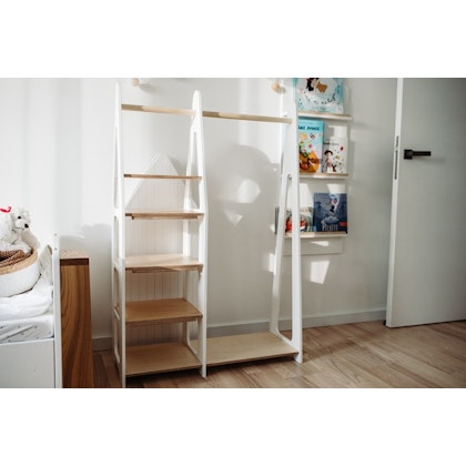 Duck Woodworks, wardrobe clothes rail with shelves, white/natural