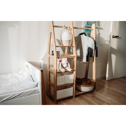 Duck Woodworks, wardrobe clothes rail with shelves, natural
