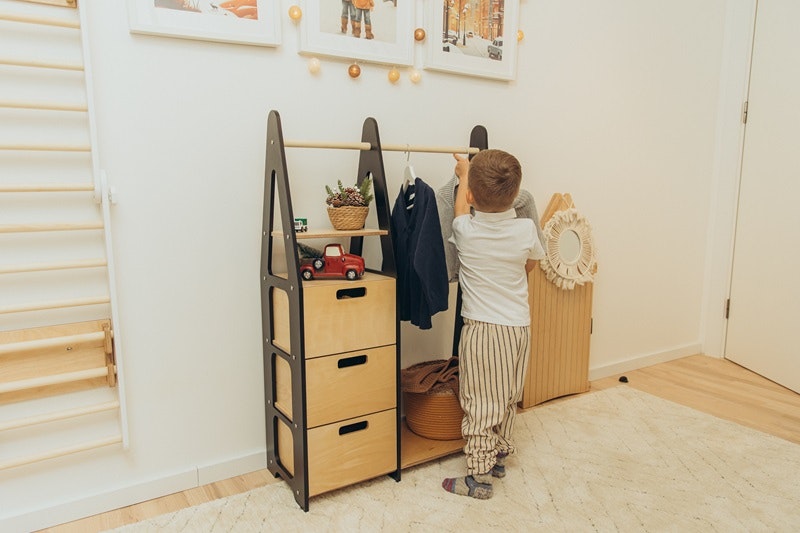 Duck Woodworks, wardrobe clothes rail with drawers, black/natural 