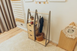 Duck Woodworks, garderob klädstång med lådor, grå/natur