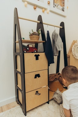 Duck Woodworks, garderob klädstång med lådor Clothes, svart/natur