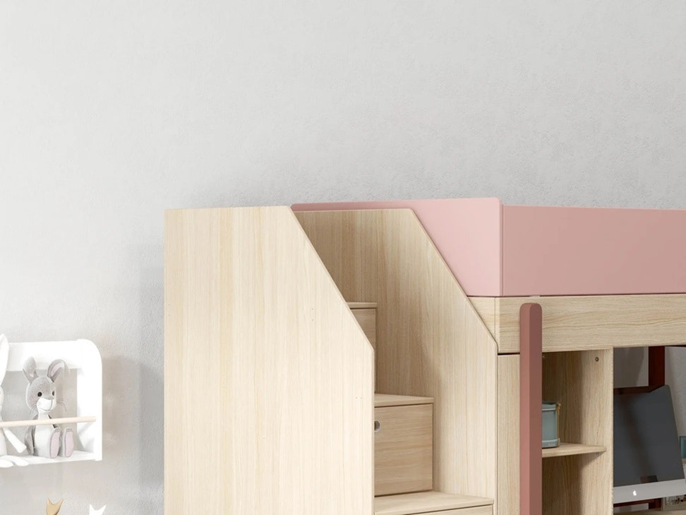 Flexa, high loft bed with stairs 90x200 cm Popsicle, cherry oak 