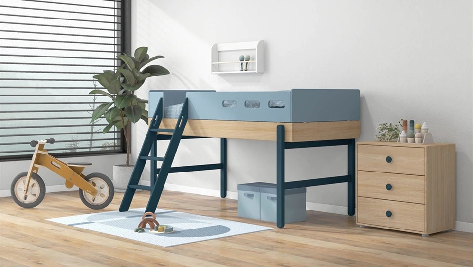 Flexa, low loft bed 90x200 cm Popsicle, blueberry oak 