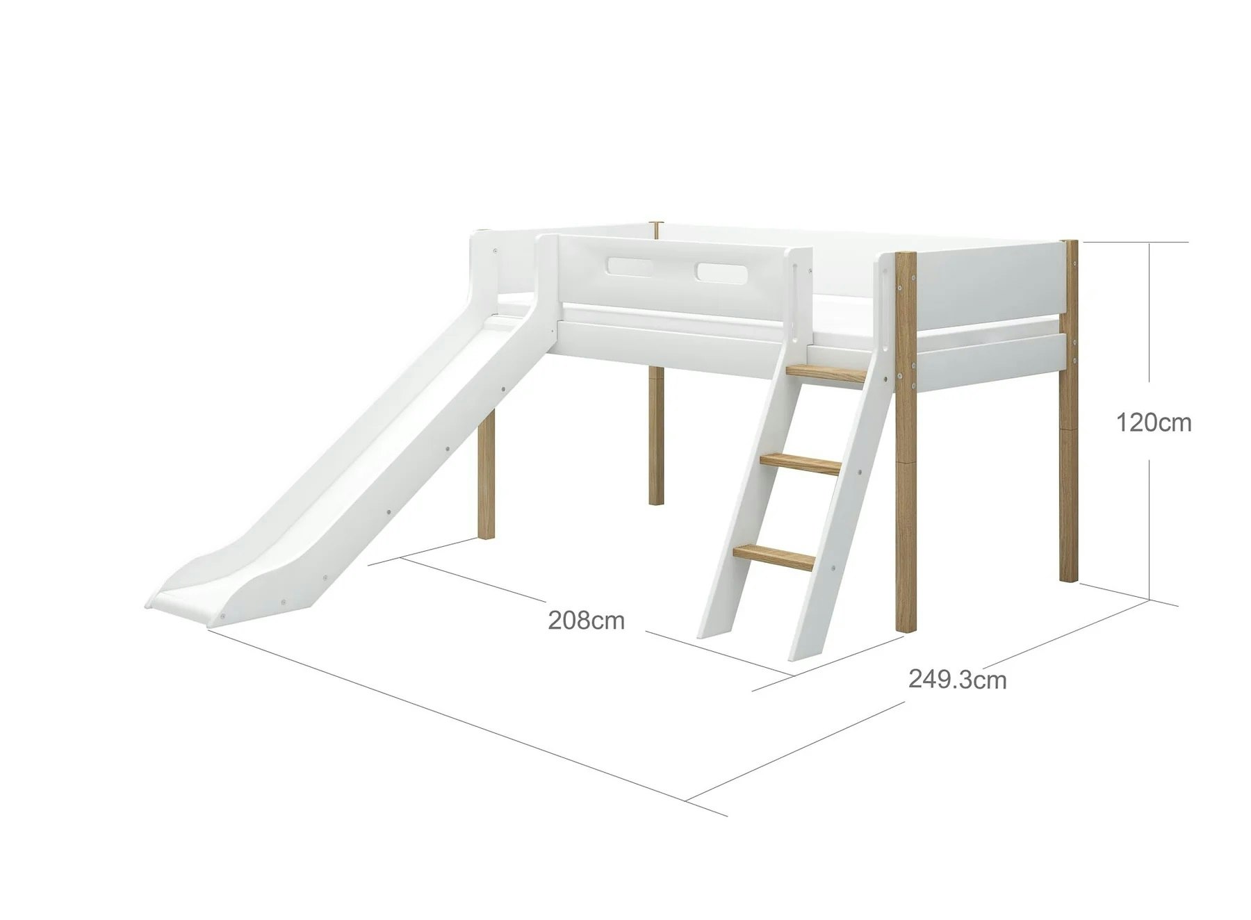 Flexa, låg loftsäng med rutschkana 90x200 cm Nor, vit/ek 