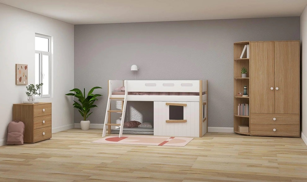 Flexa, low loft bed 90x200 cm Nor Treehouse, white/oak 