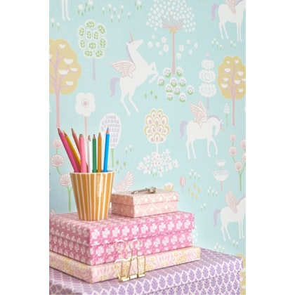 Majvillan, wallpaper for the children's room True unicorns, turquoise
