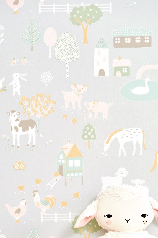 Majvillan, wallpaper for the children's room My farm, soft grey 