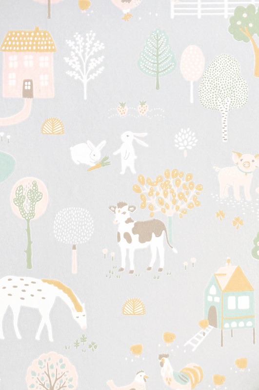 Majvillan, wallpaper for the children's room My farm, soft grey 