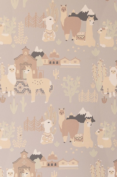 Majvillan, wallpaper for the children's room Lama village, soft grey 