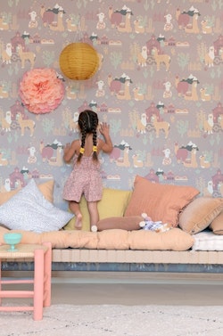 Majvillan, wallpaper for the children's room Lama village, evening lilac