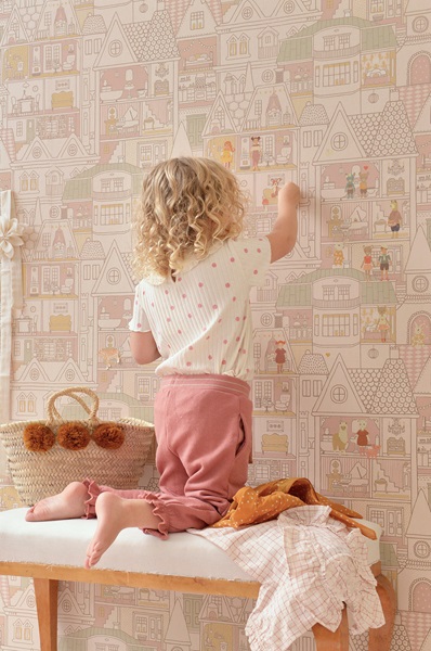 Majvillan, wallpaper for the children's room Dollhouse, sunny pink 