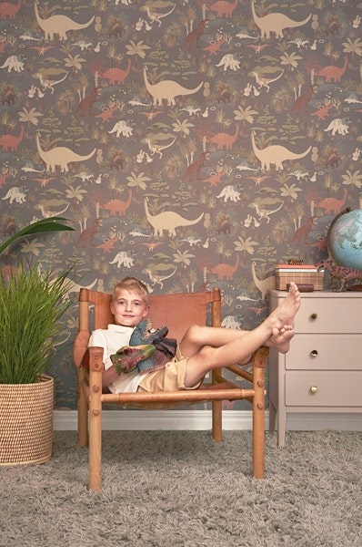 Majvillan, wallpaper for the children's room Dinosaur vibes, evening grey 