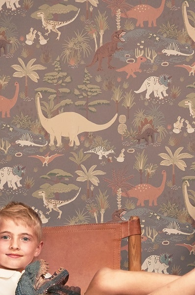 Majvillan, wallpaper for the children's room Dinosaur vibes, evening grey 