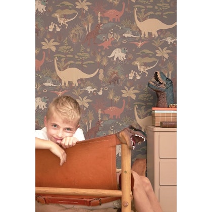 Majvillan, wallpaper for the children's room Dinosaur vibes, evening grey