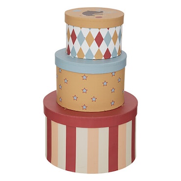 Runda pappaskar med cirkusmotiv, 3-pack, flerfärgade