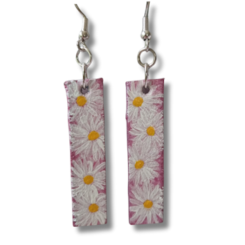 Örhängen, läder/handmålade blommor, rosa-vit