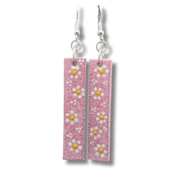 Örhängen, läder/handmålade blommor, rosa-vit-gul