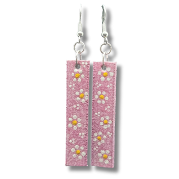 Örhängen, läder/handmålade blommor, rosa-vit-gul