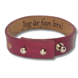 Armband, läder/cyklamen. Hemlig text "Jag är fan bra" inuti