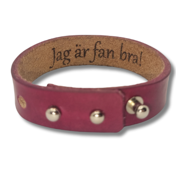 Armband, läder/cyklamen. Hemlig text "Jag är fan bra" inuti