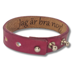 Armband, läder/cyklamen. Hemlig text "Jag är bra nog" inuti