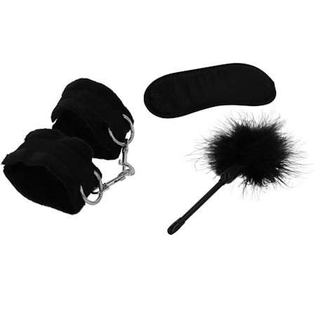EROTIC PLAY KIT INTENSE FETISH -  INNEHÅLLER HANDKLOVAR, ÖGONMASK, KITTLARE