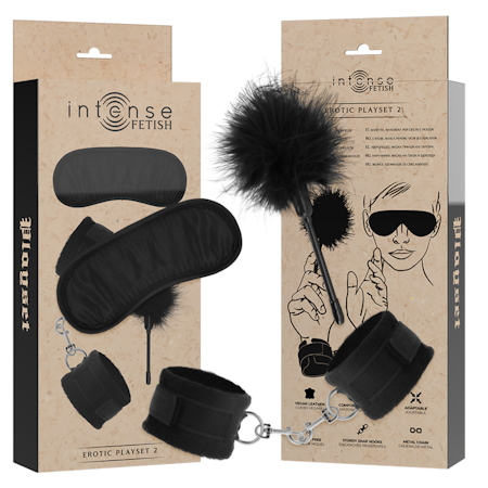 EROTIC PLAY KIT INTENSE FETISH -  INNEHÅLLER HANDKLOVAR, ÖGONMASK, KITTLARE